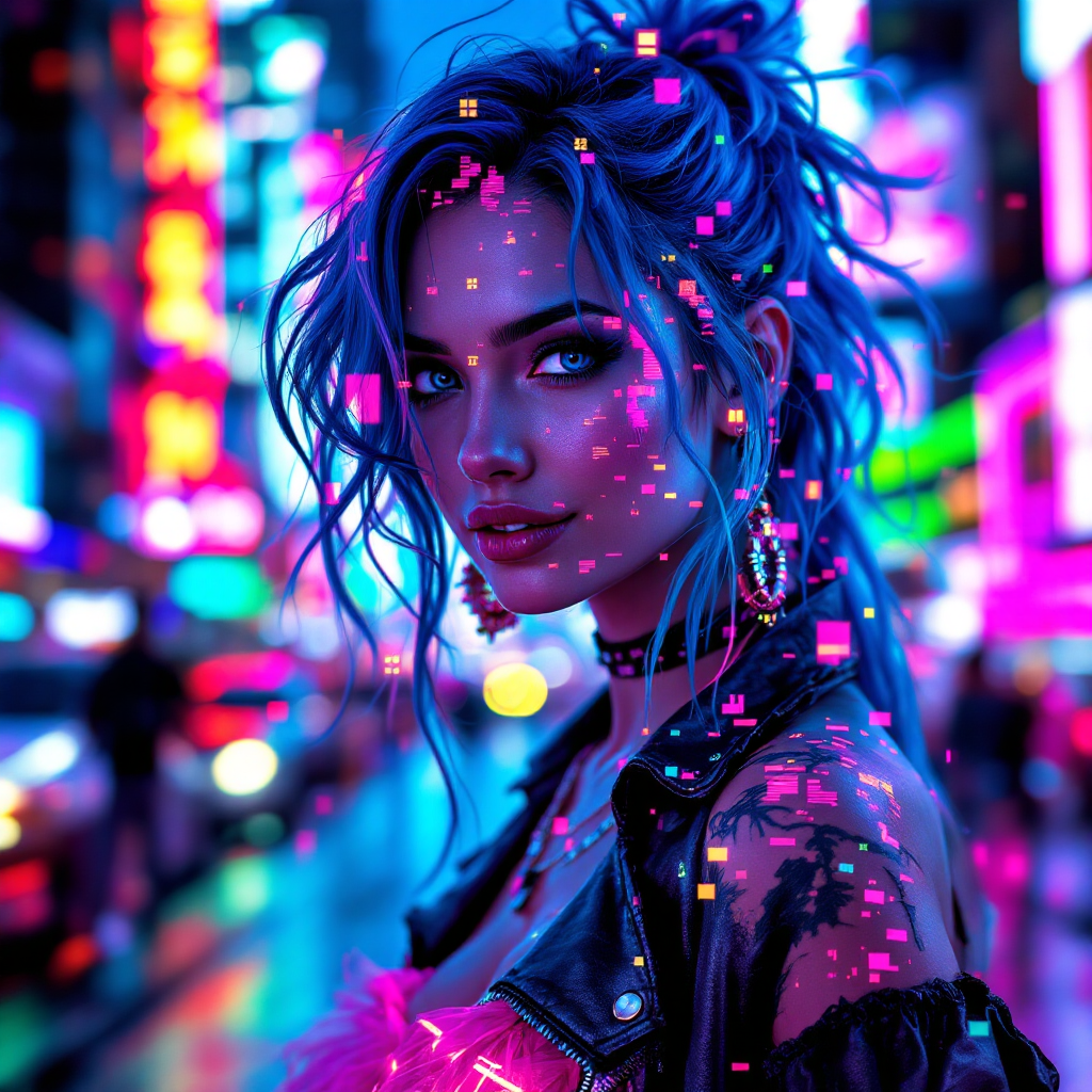 A vibrant, urban scene features a girl with striking blue hair and colorful makeup. Her confident gaze embodies the wild spirit suggested by the quote about embracing one's inner wild girl.