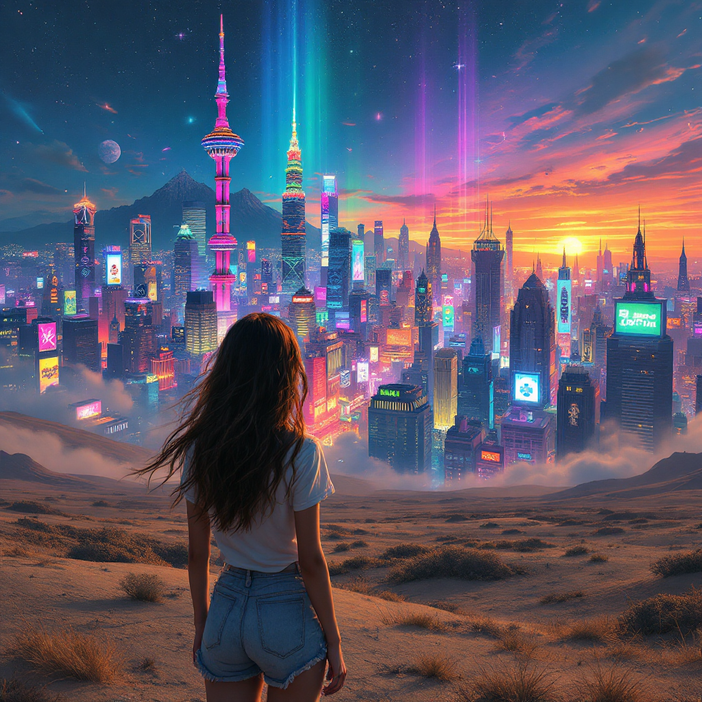 A figure stands on a sandy landscape, gazing at a vibrant, futuristic city illuminated by colorful lights under a dramatic sunset sky, reflecting on the significance of roles over reality.