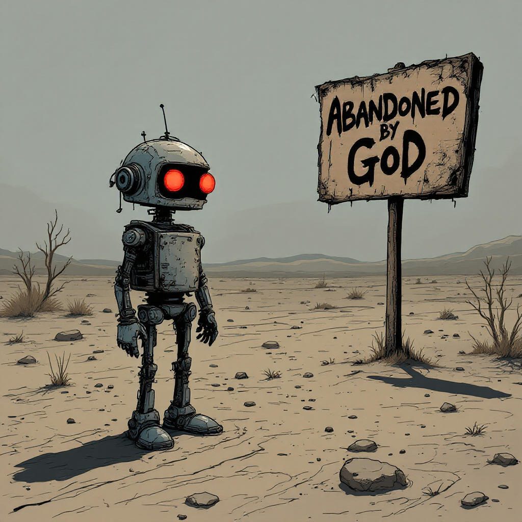 A lonely robot stands in a desolate landscape, staring at a weathered sign that reads Abandoned by God, reflecting themes of existential despair and divine neglect.