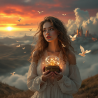 A woman in a flowing white dress holds a glowing snow globe, surrounded by delicate white birds against a vibrant sunset, embodying the essence of dreaming and human freedom.