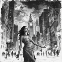 A woman in a flowing dress stands in a bustling urban scene, with towering skyscrapers and a clock tower in the background, evoking the desire to freeze time amidst life's chaos.