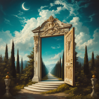 An ornate doorway stands open against a dramatic sky, revealing a serene pathway lined with tall trees and distant mountains, evoking the sense that the truth is out there.