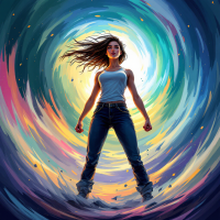 A determined figure stands confidently at the center of a vibrant, swirling vortex of colors, embodying the spirit of persistence in the face of challenges.