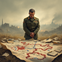 A military officer stands pensively over a detailed map, surrounded by a desolate landscape, embodying the theme of strategy and adaptability amidst the chaos of war.