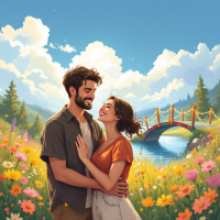 A couple embraces in a vibrant field of flowers, laughter and affection evident on their faces, with a picturesque bridge and a sunny sky in the background, capturing the essence of their connection.