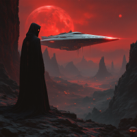 A cloaked figure stands on a rocky landscape under a blood-red sky, gazing at a hovering spaceship, evoking the mystery of secrets yet to be revealed.