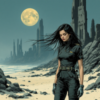 A solitary figure stands on a desolate beach under a full moon, reflecting on the desire for genuine friendships beyond the facade, with crumbling towers rising in the background.