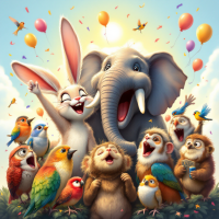 A joyful gathering of animals, including a rabbit and an elephant, celebrates under balloons and confetti, embodying the essence of love and togetherness from the quote.