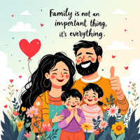 A joyful family stands together amidst colorful flowers, smiling with love. Above them, the quote “Family is not an important thing, it’s everything” emphasizes their bond.