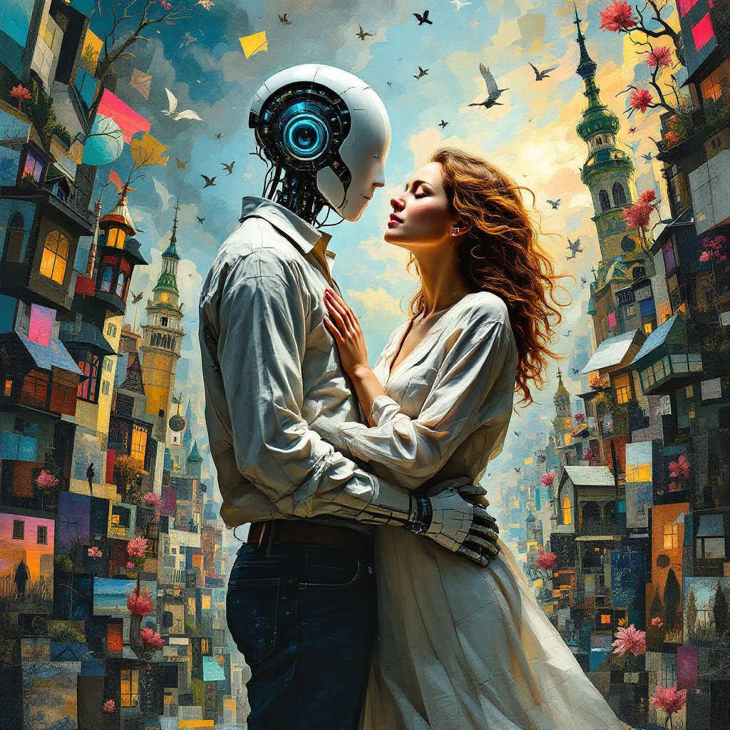 A robotic figure and a woman embrace in a vibrant, surreal cityscape, embodying the longing and connection from the quote about love and echoes across cherished places.