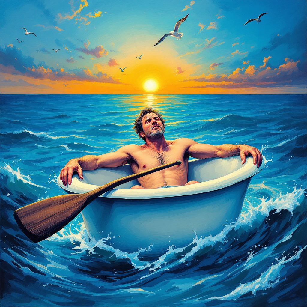 A man confidently rows a bathtub across a vast ocean at sunset, embodying the struggle of a writer's journey as described by the quote about crossing the Atlantic.