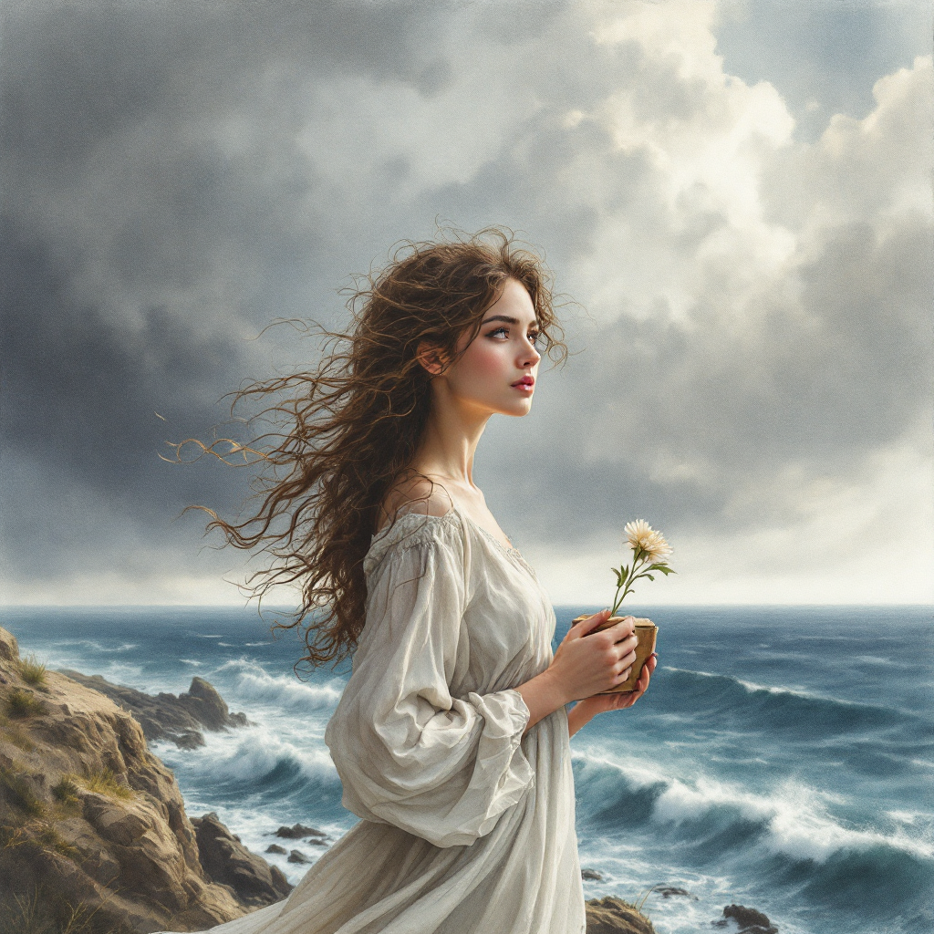 A woman in a flowing white dress stands by the turbulent sea, her hair windswept and a flower in her hands, embodying the struggle for the things we desire the most.