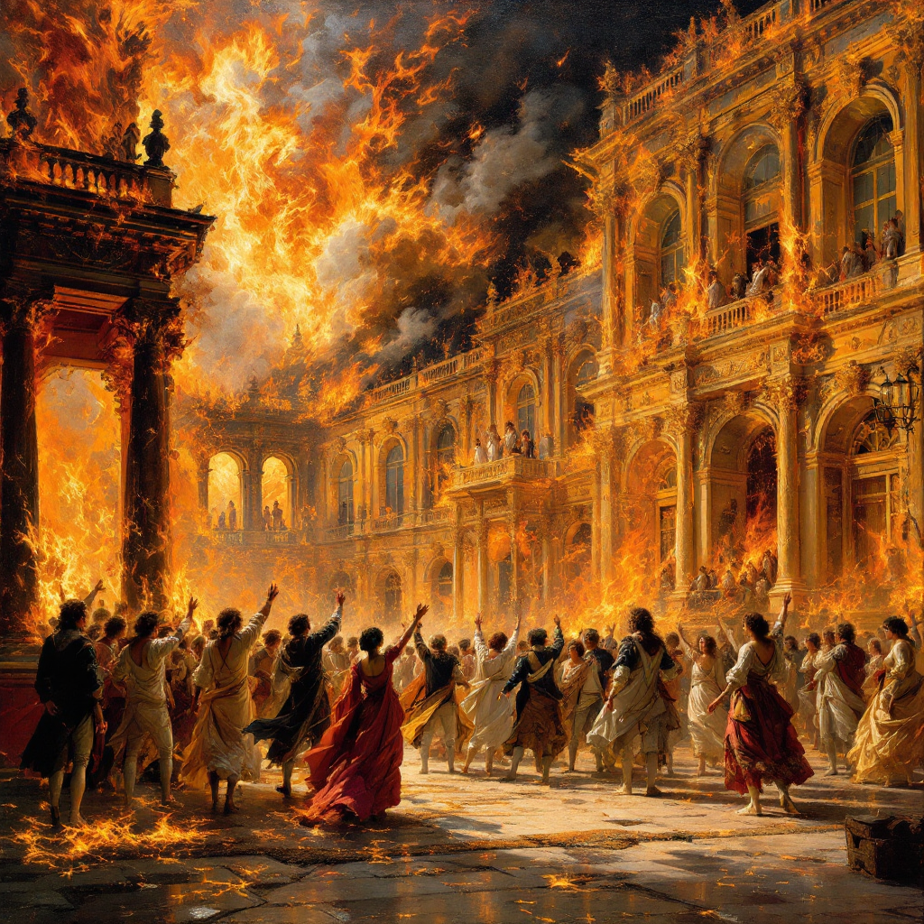 A dramatic scene of a grand building engulfed in flames, with people in dynamic poses, symbolizing rebellion and unity, captures the essence of the quote: Fire is catching! And if we burn, you burn with us!