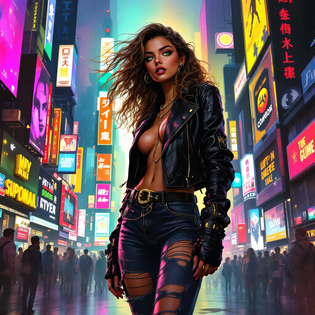 A confident woman in a stylish outfit stands in a vibrant, neon-lit cityscape, embodying the spirit of living out loud amid bustling streets and colorful advertisements.