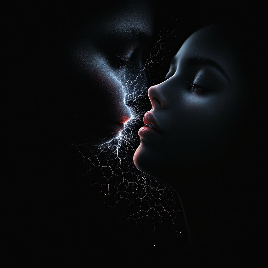 Two ethereal faces hover close in darkness, their lips nearly touching, surrounded by a radiant, electric aura, embodying the idea that love can cut deeper than any blade.