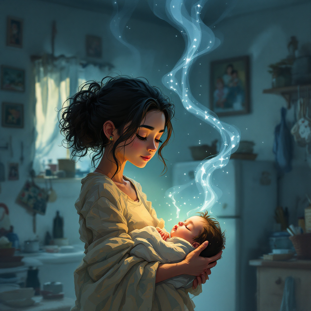 A woman cradles a glowing newborn in her arms, surrounded by a warm, intimate home setting, embodying the transformative power of parental love and the potential for the unimaginable.