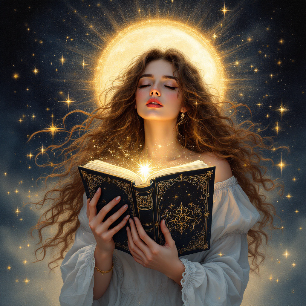 A woman with flowing hair gently holds a glowing book, surrounded by a halo of light and stars, embodying the magic of special books that resonate through life.