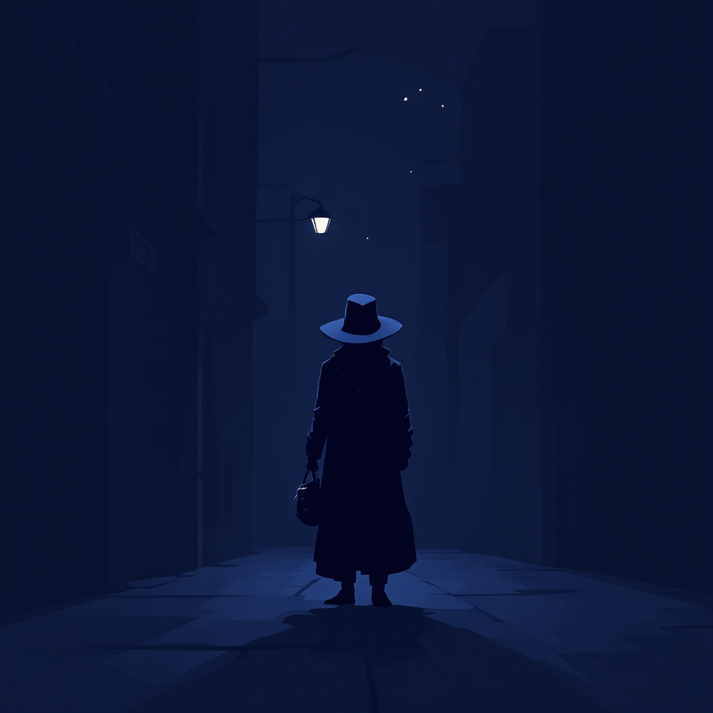 A shadowy figure in a long coat and hat stands alone in a dimly lit alley, embodying the essence of a thief, reflecting the quote, I’m not a hero. I’m a thief.