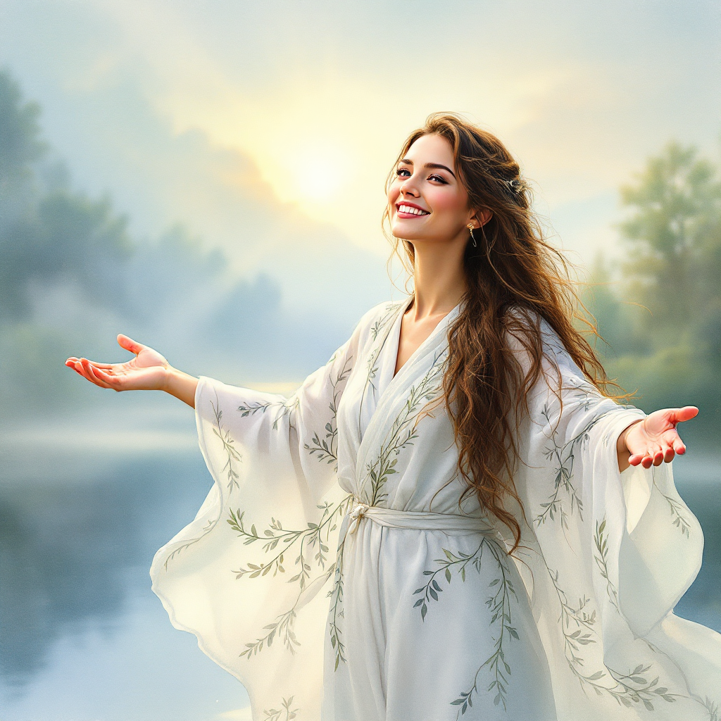 A woman in a flowing white robe stands by a serene lake, arms outstretched, radiating joy and compassion, embodying strength through empathy amidst a tranquil natural setting.