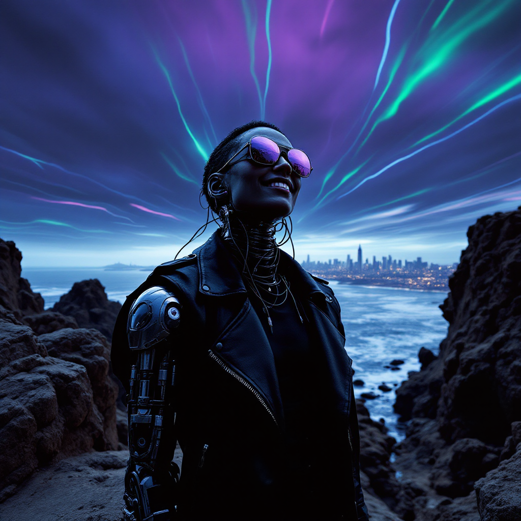 A futuristic figure with a partially robotic arm stands on a rocky shore, gazing at a vibrant sky filled with colorful lights, embodying the spirit of forging one’s own path.