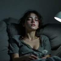 A young woman sits on a couch in dim lighting, her tousled hair framing a weary expression. The scene captures a moment of exhaustion transformed into a lifestyle, reflecting deep contemplation.