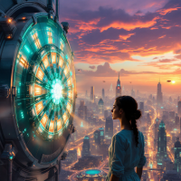 A woman stands before a futuristic energy portal, gazing at a sprawling cityscape at sunset, symbolizing the impact of today's energy choices on future generations.