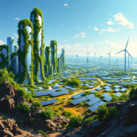 A vibrant landscape showcases towering green structures intertwined with nature, solar panels, and wind turbines, embodying a vision of a renewable energy-driven future.