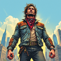 A confident man stands with clenched fists, wearing a denim jacket and red bandana, against a city skyline, embodying the spirit of doing what is right and being remembered for it.