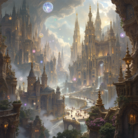 A mystical cityscape in a cavern, featuring towering spires, ethereal lights, and flowing waterways, embodying the profound intelligence and patterns of existence described in the quote.