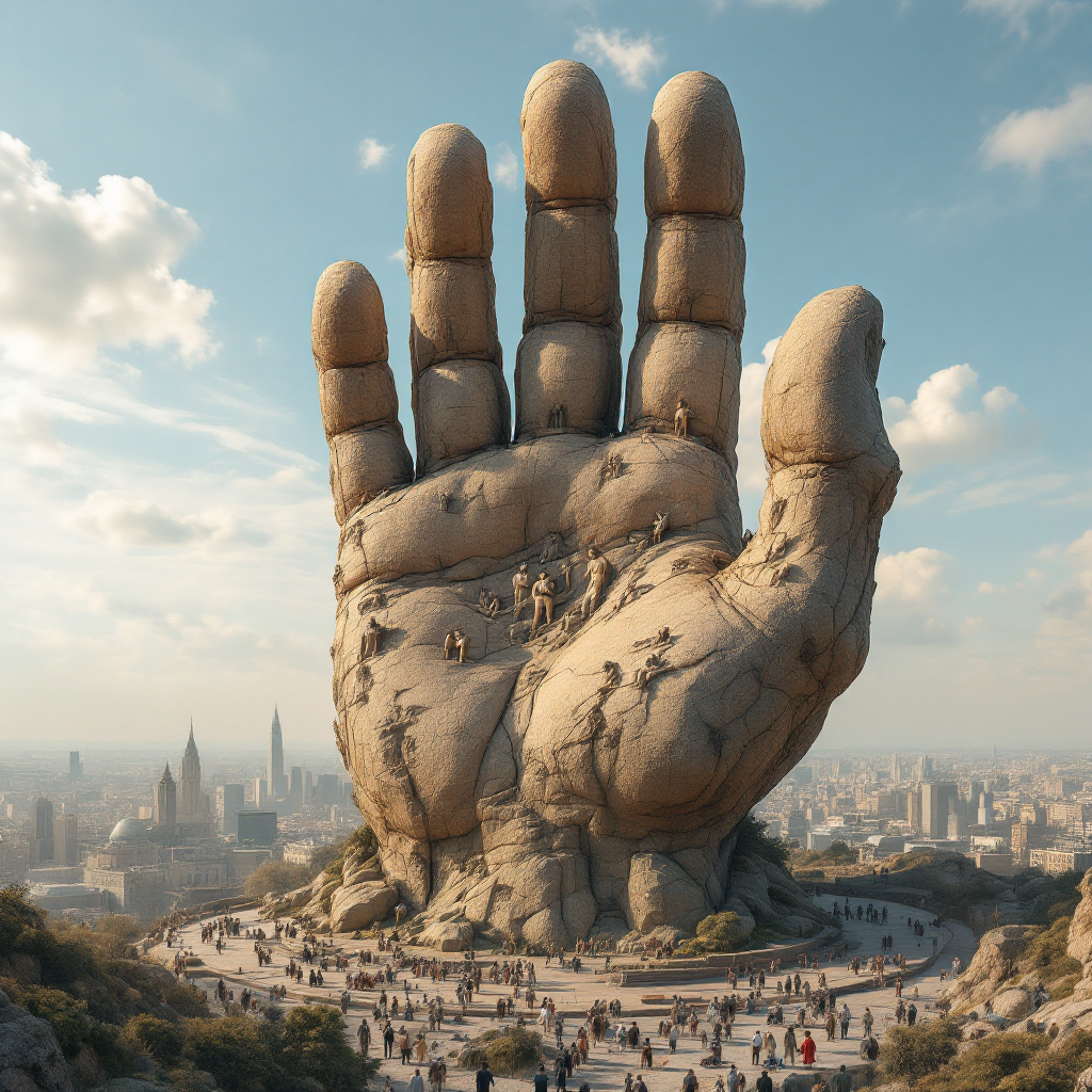 A massive stone hand emerges from a hill overlooking a bustling city, embodying the quote about the environment's influence on human behavior, with people gathered around its base.