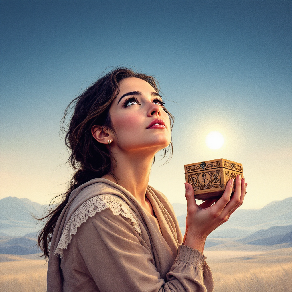 A woman gazes upwards, holding a beautifully detailed box, symbolizing hope and transcendence, against a serene landscape bathed in golden light, echoing themes of life and afterlife.