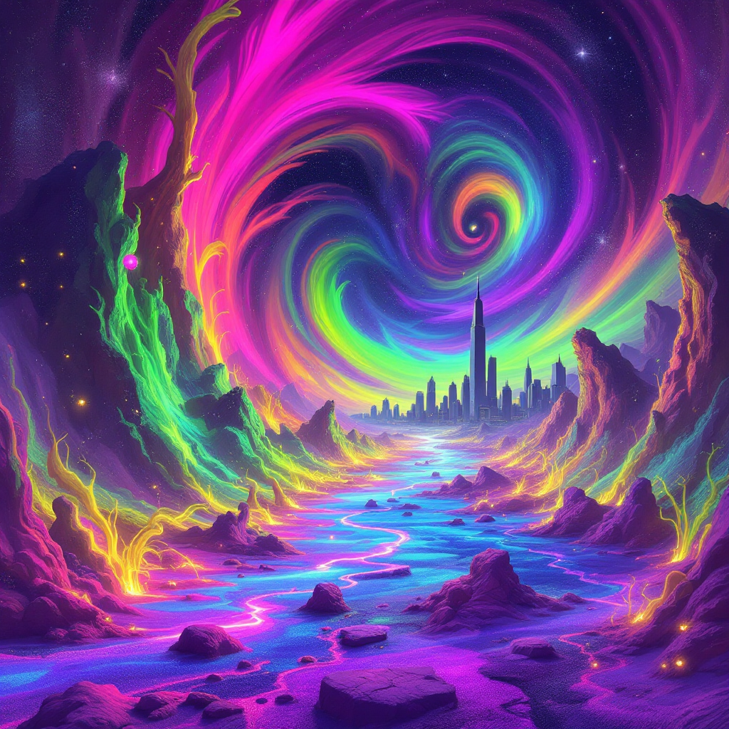 A vibrant, swirling landscape of neon colors surrounds a tranquil river, leading to a distant skyline, reflecting the theme of nature's indifference to human existence.