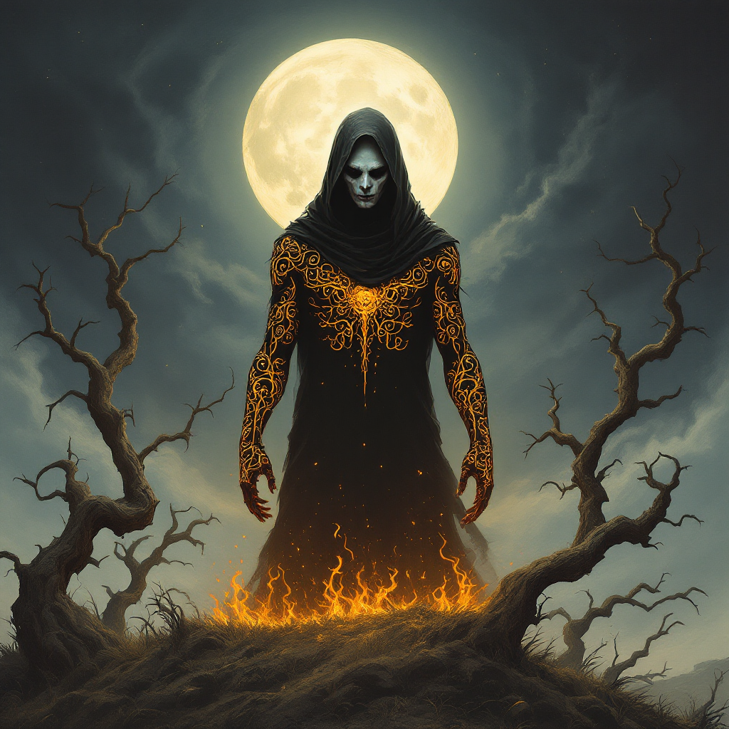 A mysterious figure cloaked in dark robes stands amid gnarled trees, illuminated by a full moon. Fiery orange patterns glow from their arms, embodying the power dynamics of Faerie.