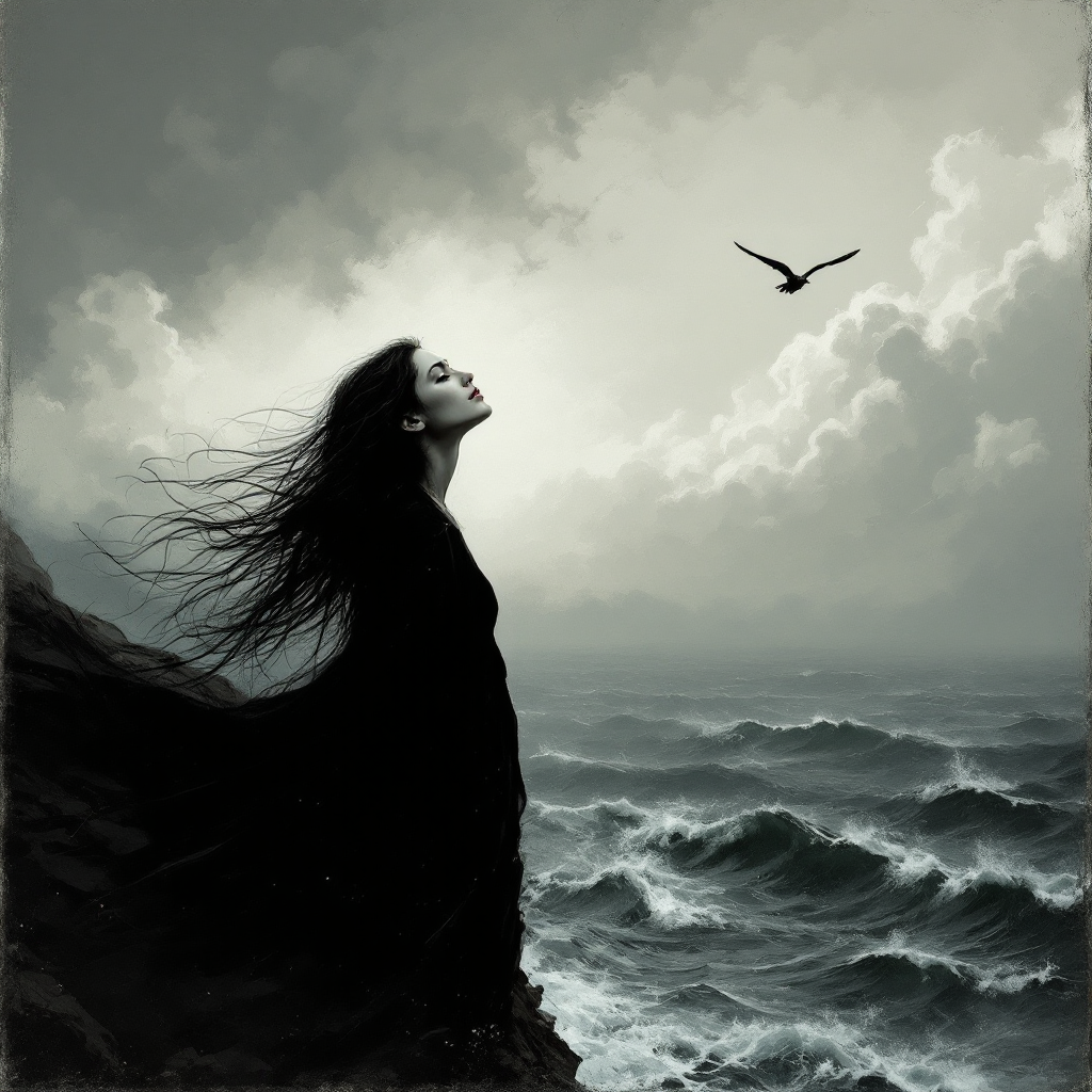 A woman in a dark dress stands on a rocky shore, her hair billowing in the wind. She gazes upwards as a solitary bird flies against a backdrop of turbulent seas and dramatic clouds.