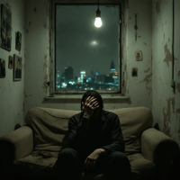 A figure sits on a worn couch, head in hand, in a dimly lit room with peeling walls. A city skyline is visible through a window, conveying a sense of isolation and despair.