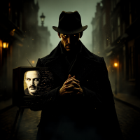 A shadowy figure in a trench coat and hat stands on a foggy street, hands clasped, holding a vintage TV displaying a man's face, embodying the theme of trust and manipulation from the quote.