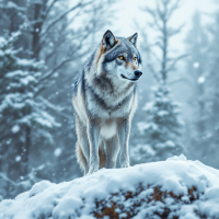 A vigilant wolf stands on a snowy mound, surrounded by a wintry forest, embodying the theme of survival reflected in the quote about the lone wolf and the pack.