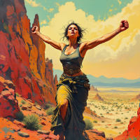 A determined woman stands triumphantly in a vibrant desert landscape, embodying themes of strength and the journey of life, with mountains and clouds in the background.