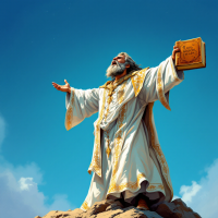 A majestic figure in flowing robes stands on a rocky outcrop, holding a golden book aloft, embodying the essence of divine communication from the quote about the word of God.