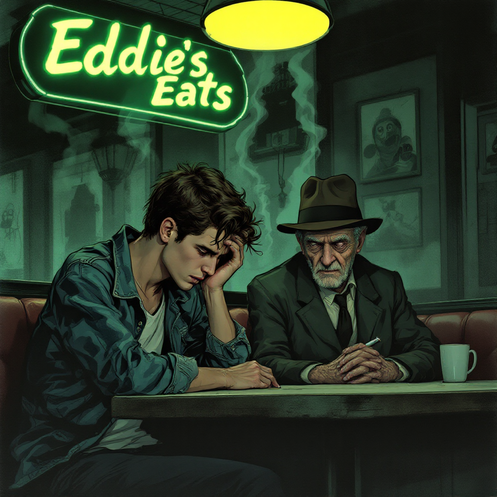 A young man and an elderly man sit at a dimly lit diner table, deep in thought. The scene captures a moment of reflection, evoking themes of missed wisdom and generational advice.