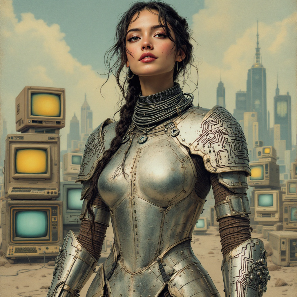 A confident woman in gleaming armor stands against a backdrop of retro computers and a city skyline, embodying strength and resilience, reflecting the quote about identity and empowerment.