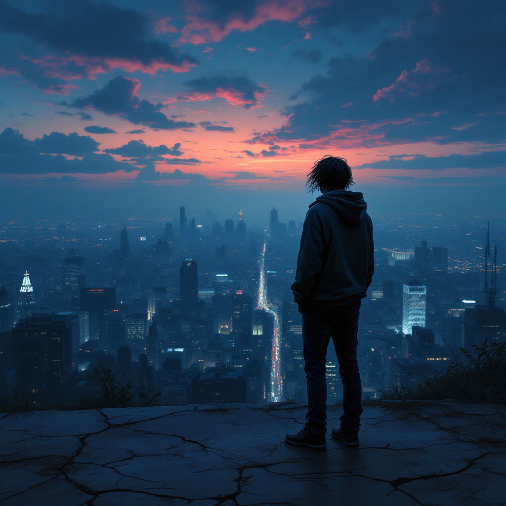 A silhouette of a person in a hoodie stands on a cracked ledge, gazing over a city skyline at dusk, reflecting the quote about the past catching up with us.