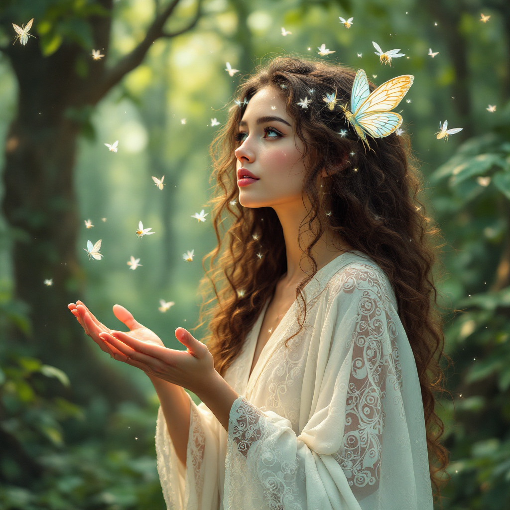 A young woman with curly hair, dressed in a flowing white garment, stands in a lush forest, delicately extending her hands as butterflies surround her, embodying the magic of nature.