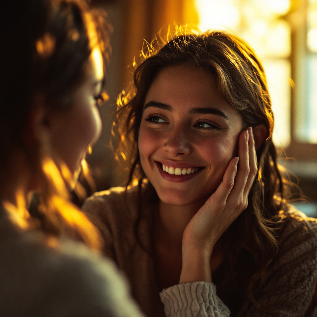 A warm, intimate moment between two women, one gently touching the other's face, both sharing smiles, embodying the sentiment that everyone deserves to be loved.