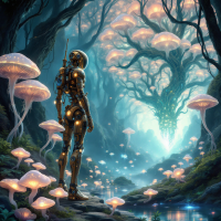 A golden humanoid robot stands in a mystical forest, surrounded by luminescent mushrooms and ethereal light, symbolizing the diverse forms of intelligence in the cosmos.