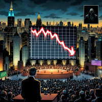 A speaker faces a large crowd in an urban setting, with a dramatic downward trend graph displayed behind them, emphasizing the link between energy dependence and national security.