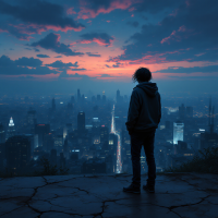 A silhouette of a person in a hoodie stands on a cracked ledge, gazing over a city skyline at dusk, reflecting the quote about the past catching up with us.