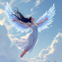 A woman in a flowing white dress soars gracefully through a bright sky, her ethereal, shimmering wings spread wide, embodying the spirit of taking a leap of faith.