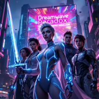 A futuristic group of diverse heroes stands confidently in a neon-lit cityscape, embodying the strength of defenders in a free society, with one wielding a glowing sword.