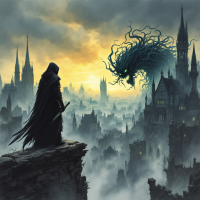 A cloaked figure stands on a craggy cliff, gazing at a monstrous entity in the sky, amidst a dark, misty cityscape, embodying the quote about using enemies as weapons.